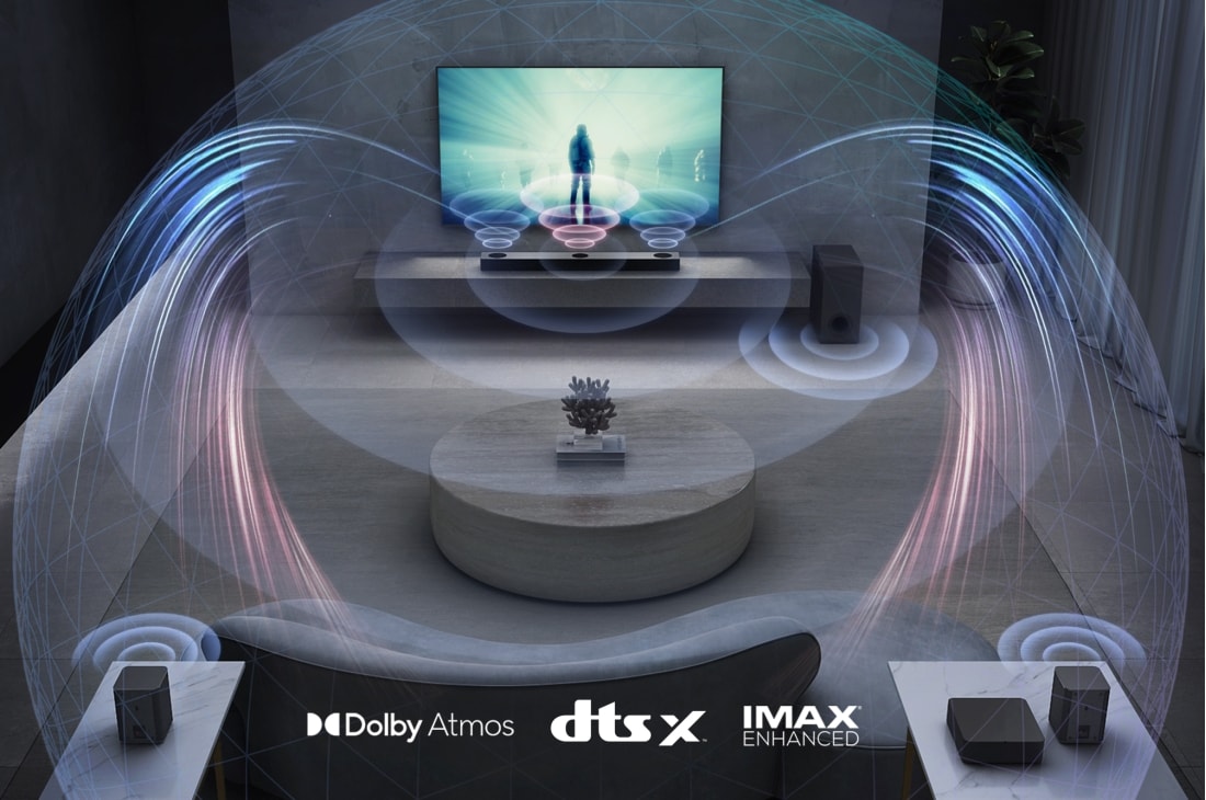 LG Barra de Sonido S80QR │ 600 W │5.1.3 CH │ Dolby Atmos, Imagen de estilo de vida con ondas sonoras que salen de los altavoces, S80QR, thumbnail 6