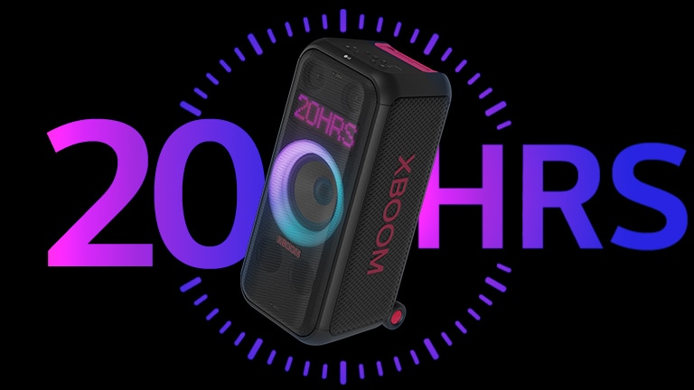 El altavoz se coloca frente al ícono del reloj, y la palabra '20HRS' se escribe detrás con fines de diseño.