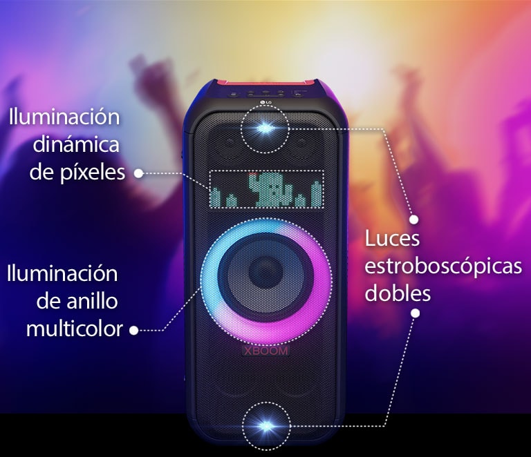 Vista frontal del altavoz. Hay una línea para informar cada parte de la iluminación. En la parte superior e inferior, doble iluminación estroboscópica. En el medio, la iluminación del anillo multicolor degradado rosa y cyon está encendida. Arriba está la iluminación dinámica de píxeles, que muestra el carácter de cactu.