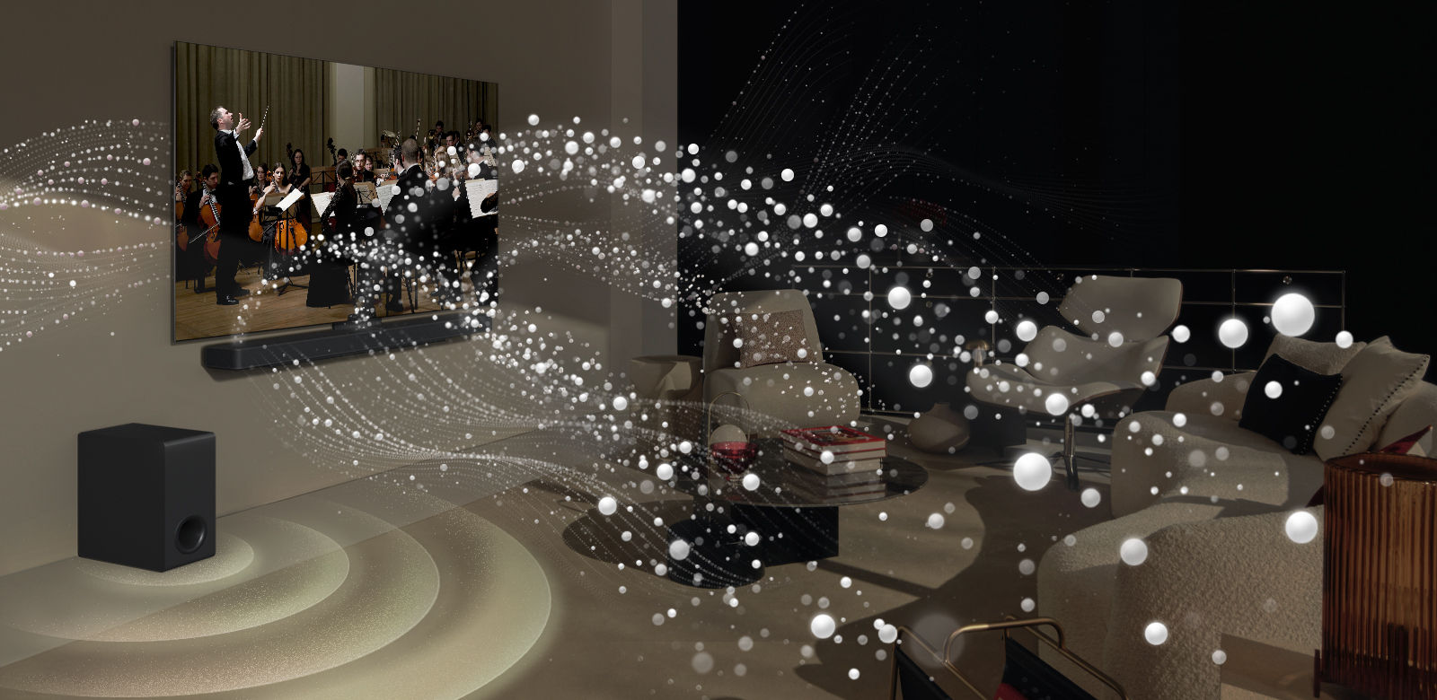 La barra de sonido LG, el televisor LG y un subwoofer se encuentran en una sala de estar tocando una actuación musical. Las gotas blancas emiten ondas de sonido que se disparan hacia arriba y hacia adelante desde la barra de sonido y se proyectan desde el televisor. Un subwoofer crea un efecto de sonido desde la parte inferior.