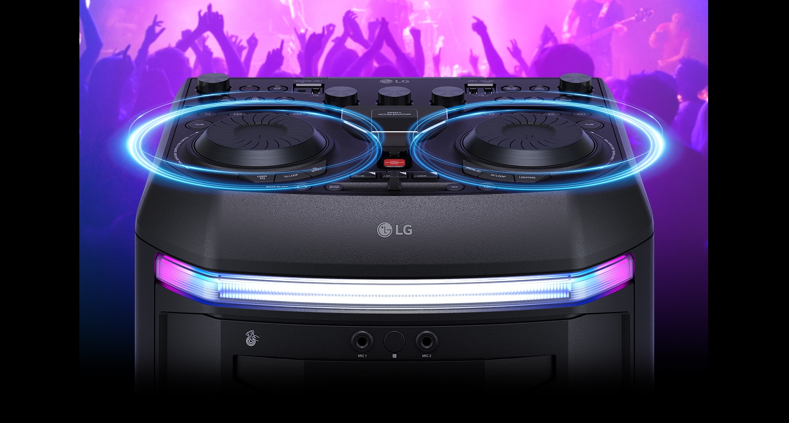 Primer plano de la cima. Dos gráficos de color azul neón envuelven ambas ruedas de selección. A continuación, se muestra el logotipo de LG y hay dos tiras brillantes.