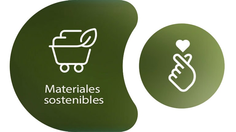 A la izquierda se muestra el icono de materiales sostenibles de LG con su nombre escrito debajo. A la derecha se muestra el icono del corazón con el dedo ESG.