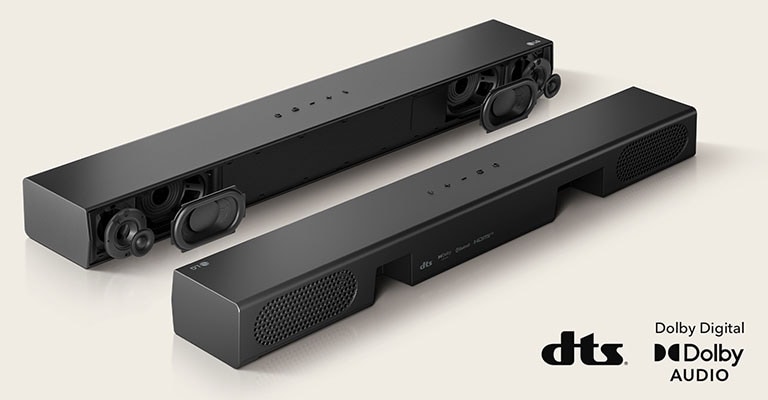 Se colocan 2 unidades de Soundbar S20A, una mostrando sus partes interiores como woofers y tweeters sin rejilla y otra mostrando la parte trasera. En el lado derecho se muestra el logo de dts y el logo de audio Dolby digital.