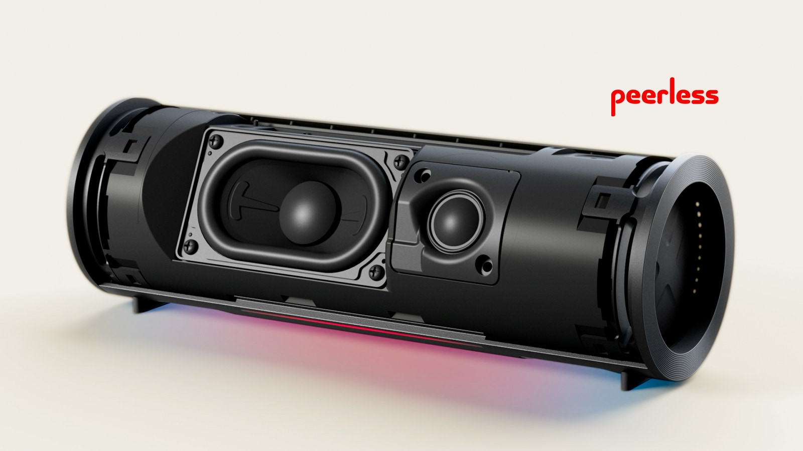 Se muestran las unidades internas del xboom Grab: el woofer y el tweeter, con el tweeter vibrando rítmicamente.
