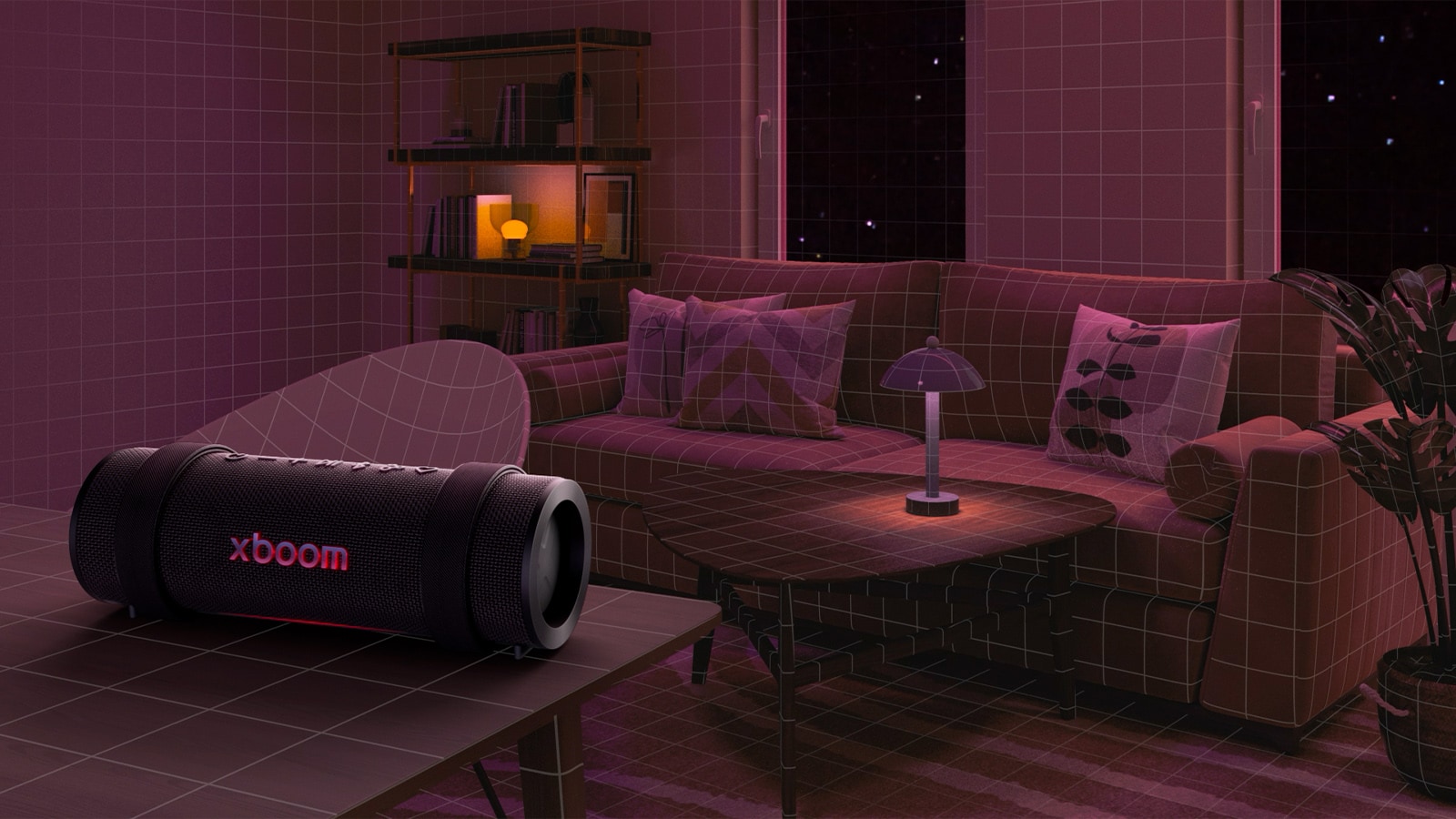 En una habitación con luces rosas, un sofá blanco y una mesa están al fondo. El xboom Grab está sobre una mesa blanca.
