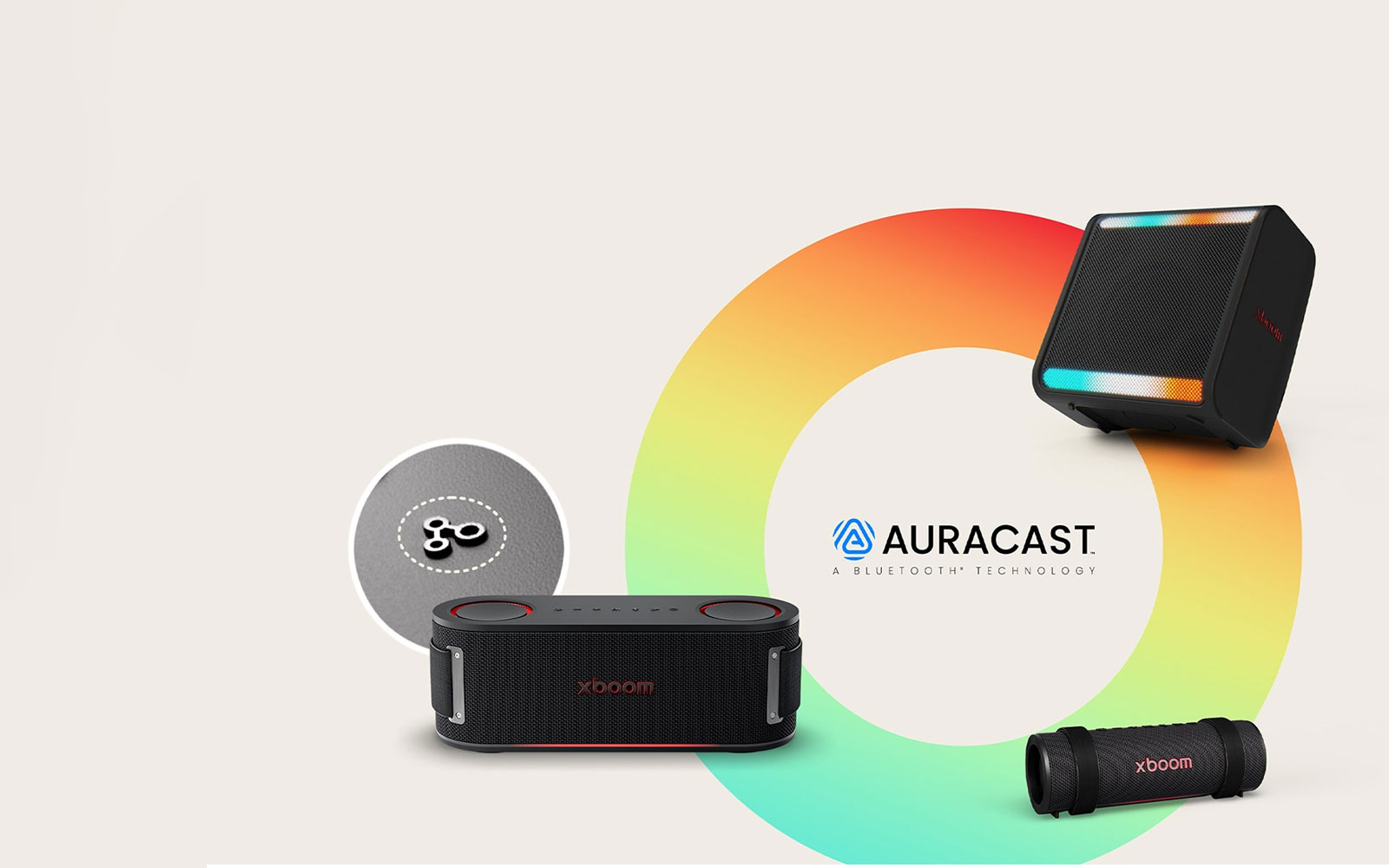 Sobre un círculo arcoíris, el xboom Stage 301, Bounce y Grab están en orden horario. Al lado del Grab, el botón de Auracast.