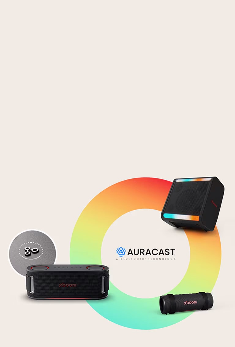 Sobre un círculo arcoíris, el xboom Stage 301, Bounce y Grab están en orden horario. Al lado del Grab, el botón de Auracast.