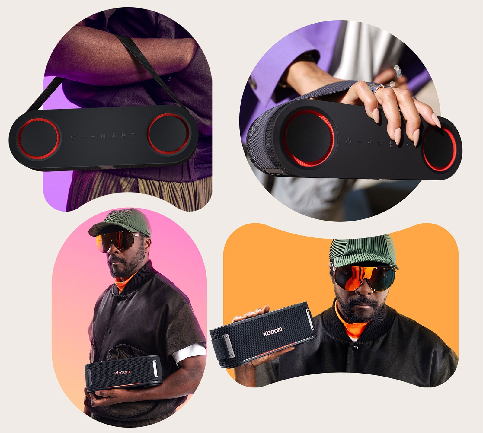 En la parte superior, el xboom Bounce está en el brazo de alguien. Will.i.am lo sostiene con ambas manos en la parte inferior