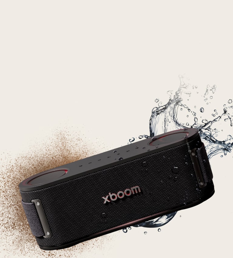 El xboom Bounce está en forma hexagonal, con tierra a la izquierda y un chorro de agua a la derecha.