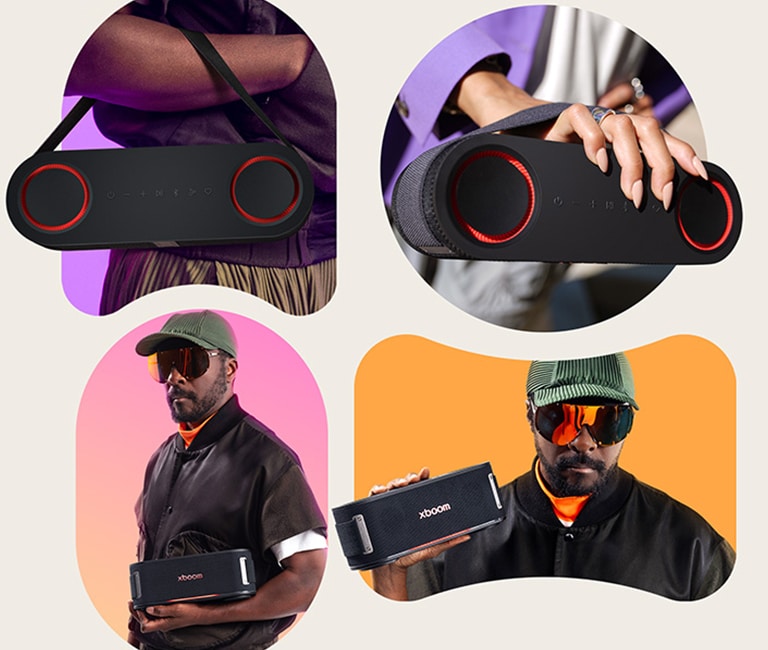 En la parte superior, el xboom Bounce está en el brazo de alguien. Will.i.am lo sostiene con ambas manos en la parte inferior