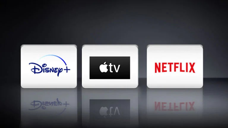 3 logotipos: La aplicación Disney+, Apple TV, Netllix
