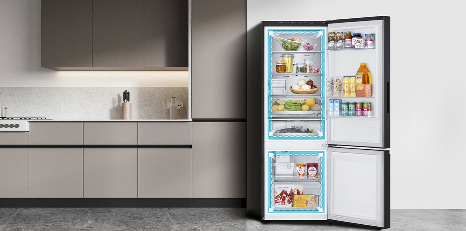 Movimiento gráfico que muestra cuánto más espacioso es el tamaño interior actual del congelador inferior LG.