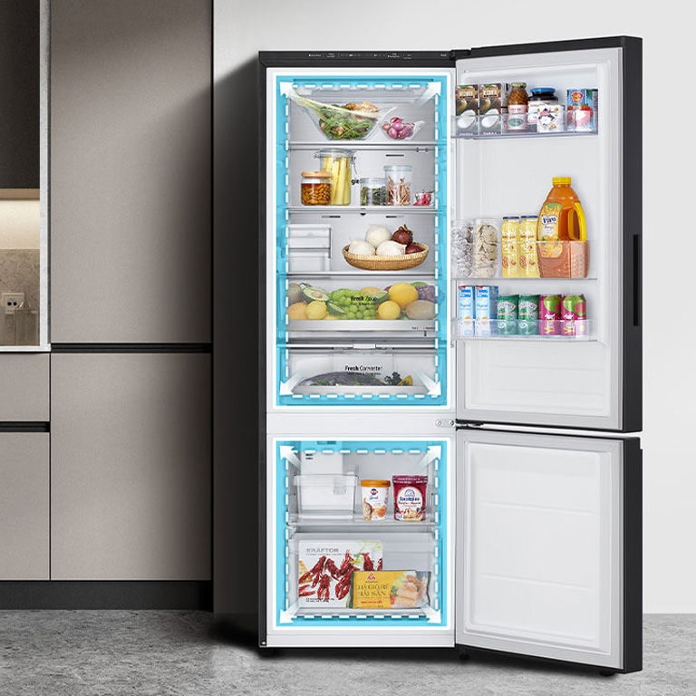 Movimiento gráfico que muestra cuánto más espacioso es el tamaño interior actual del congelador inferior LG.