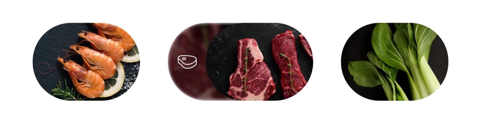 Una animación que muestra diversas verduras, mariscos y carnes deslizándose horizontalmente por la pantalla.