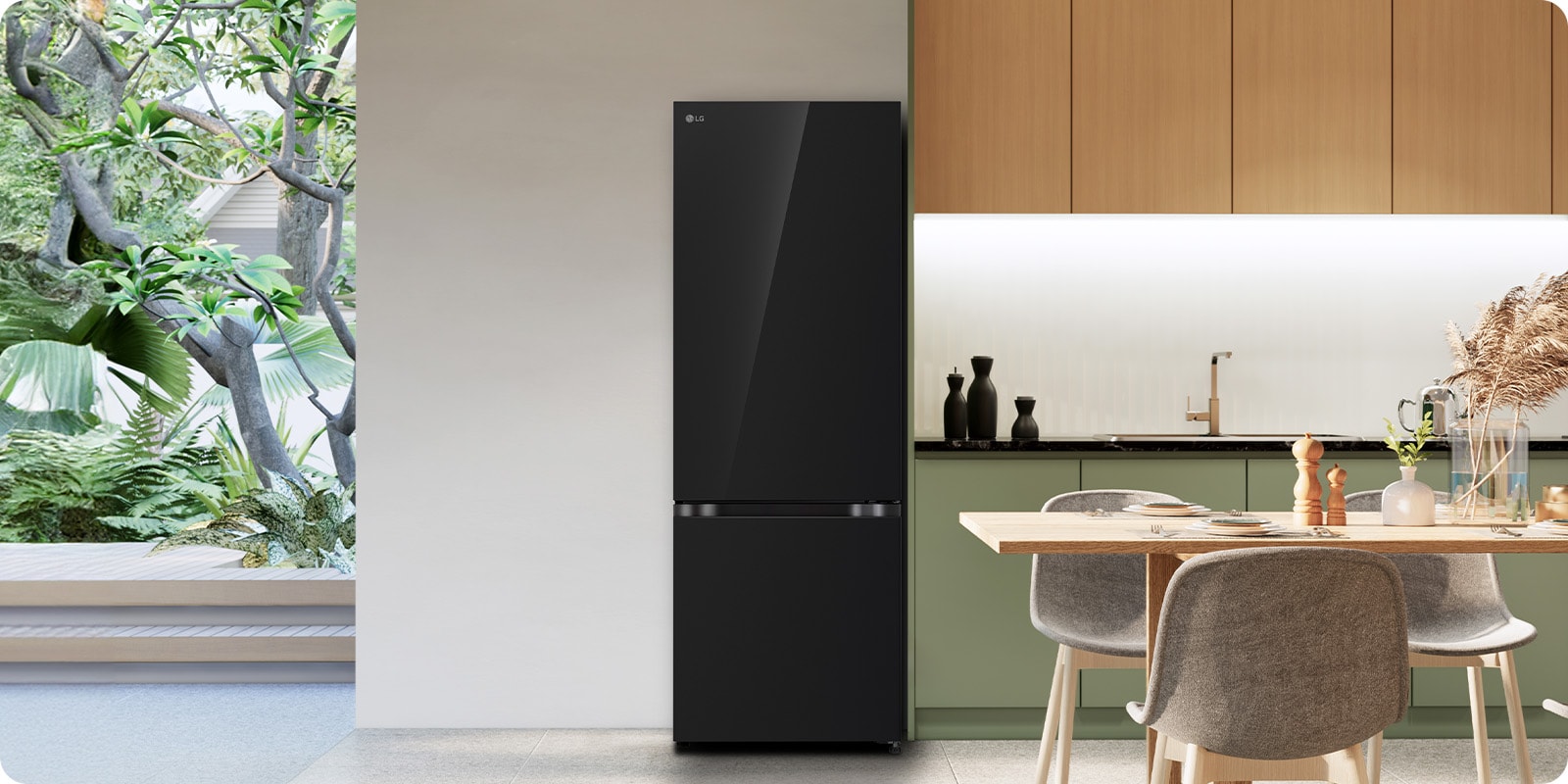 refirgerador LG bottom freezer con instaview en una cocina moderna..
