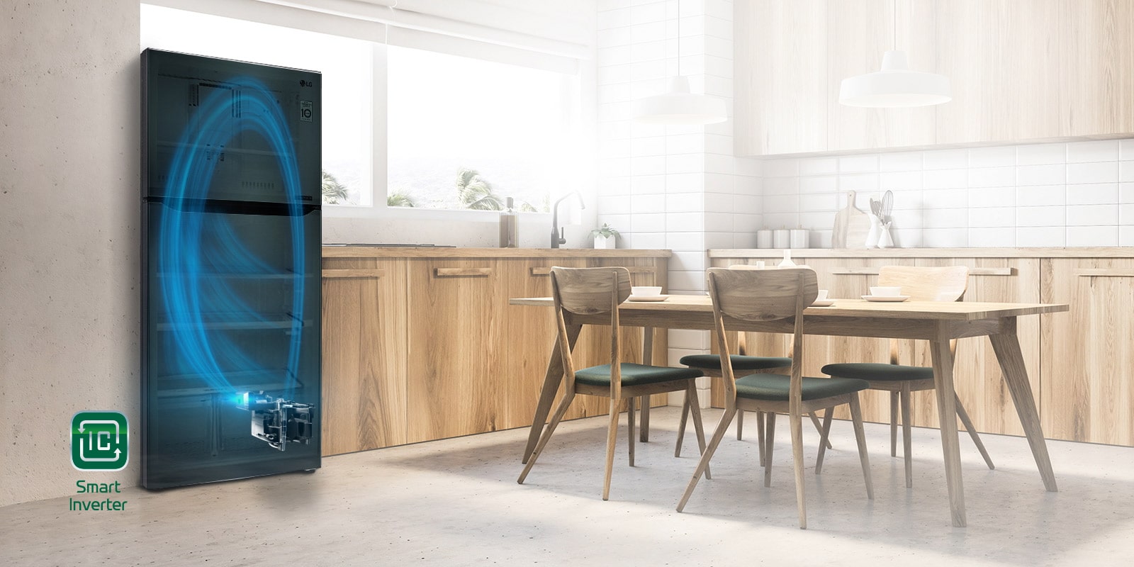 An image of the Smart Inverter Compressor can be seen through the door of a fridge in a kitchen. A blue vapor cycles through the fridge to indicate cooling.