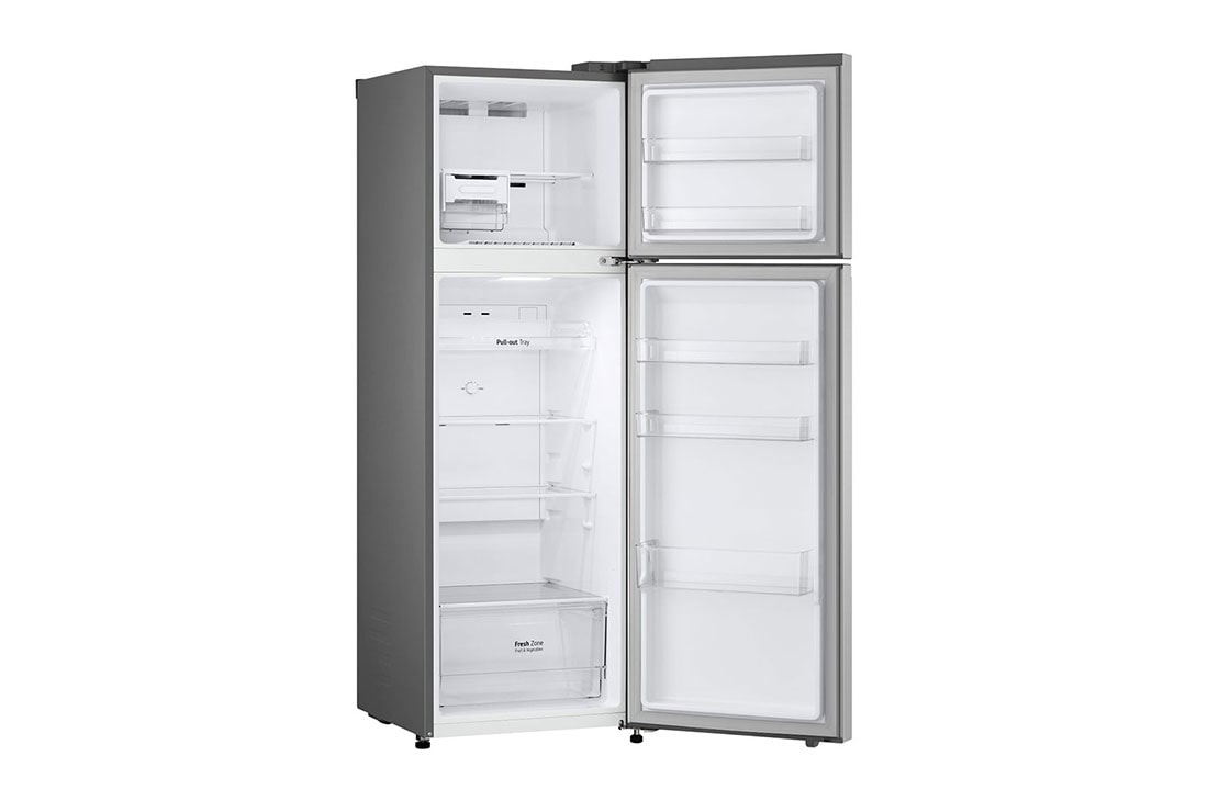 LG Heladera Top Freezer│335L│Door Cooling+│Smart Inverter, top freezer opened with moving ice maker attached and food stored, VT34BPY, thumbnail 6