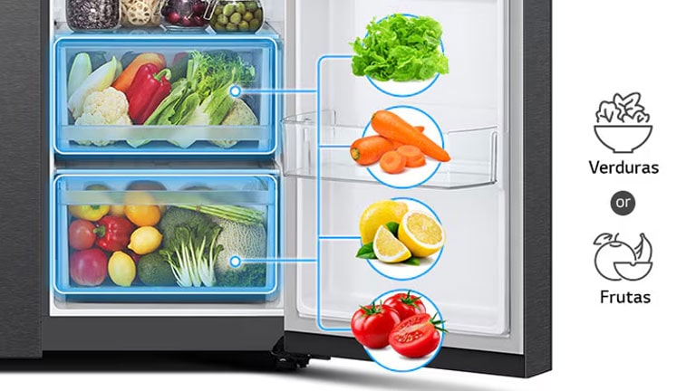 Los 2 cestos debajo del refrigerador pueden almacenar aproximadamente 2 tipos de alimentos: verduras y frutas.