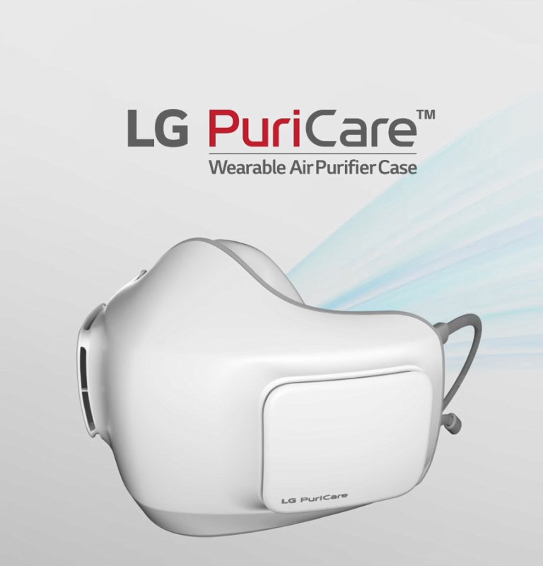 La máscara LG Puricare se muestra en ángulo con el exterior hacia el frente. Las rayas azules se disparan desde el interior de la máscara hacia atrás.