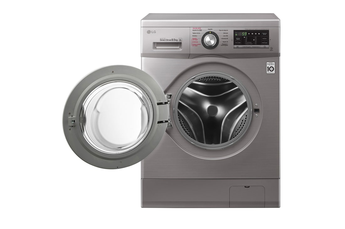LG Lavarropas carga frontal 8,5 KG │ Plateado │ Inverter Direct Drive │ AI DD │ Steam, Vista frontal con puerta reversible abierta, WM8516EE6, thumbnail 4