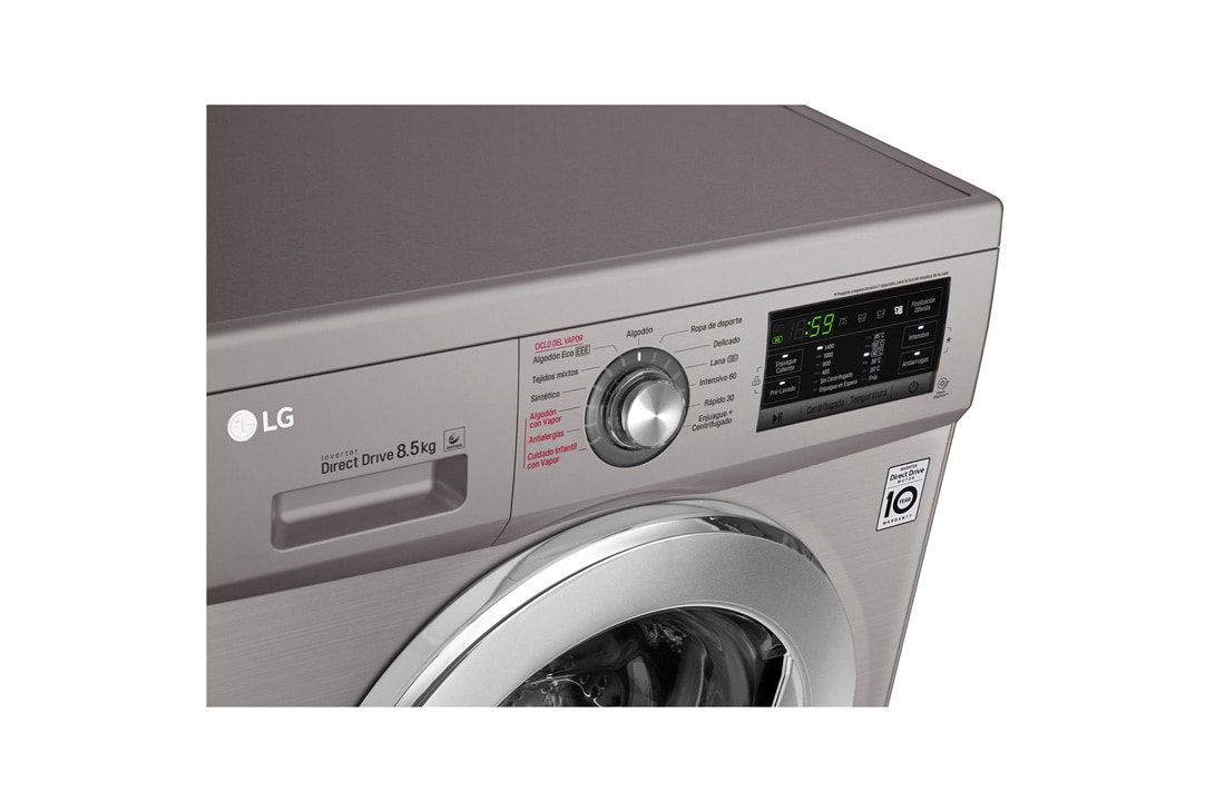 LG Lavarropas carga frontal 8,5 KG │ Plateado │ Inverter Direct Drive │ AI DD │ Steam, Vista superior en perspectiva, WM8516EE6, thumbnail 7