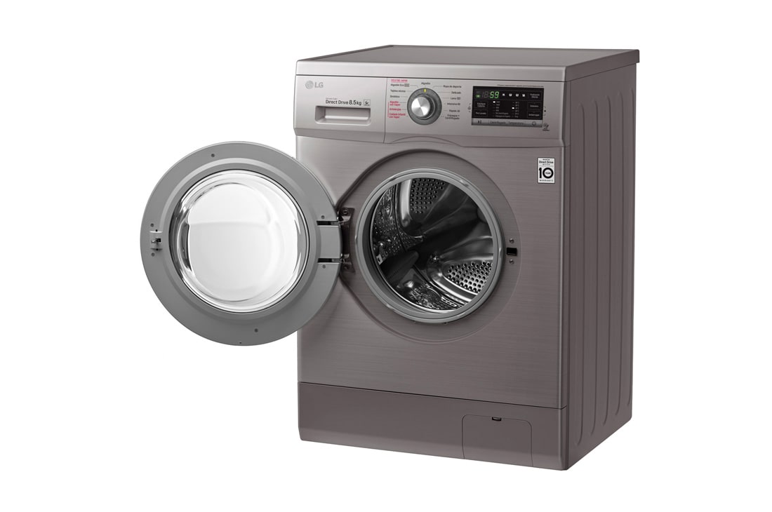 LG Lavarropas carga frontal 8,5 KG │ Plateado │ Inverter Direct Drive │ AI DD │ Steam, Vista frontal con puerta reversible abierta, WM8516EE6, thumbnail 5
