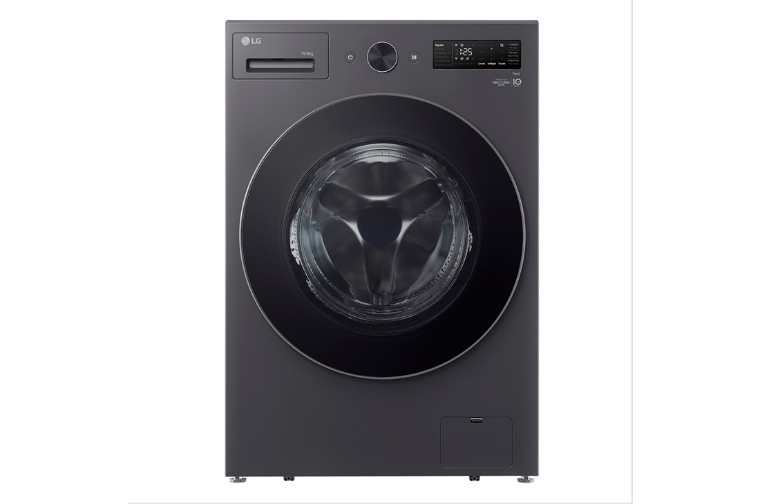 LG  Lavasecarropas carga frontal 15/8 KG │ Gris mate │ Inverter Direct Drive │ AI DD │ ThinQ, vista frontal, WD15EGNTSPG