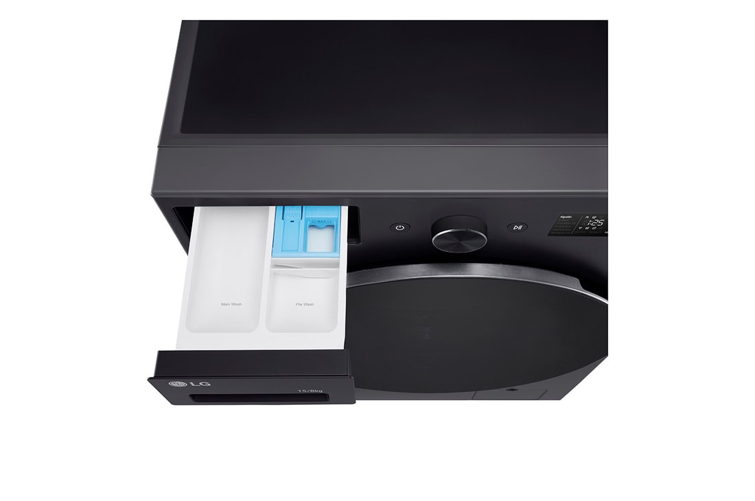 LG Lavasecarropas 15/8KG│AIDD™│Inverter Direct Drive™│Steam, vista superior frontal con el cajetin de detergente y suavizante abiertos, WD15EGNTSPG, thumbnail 7