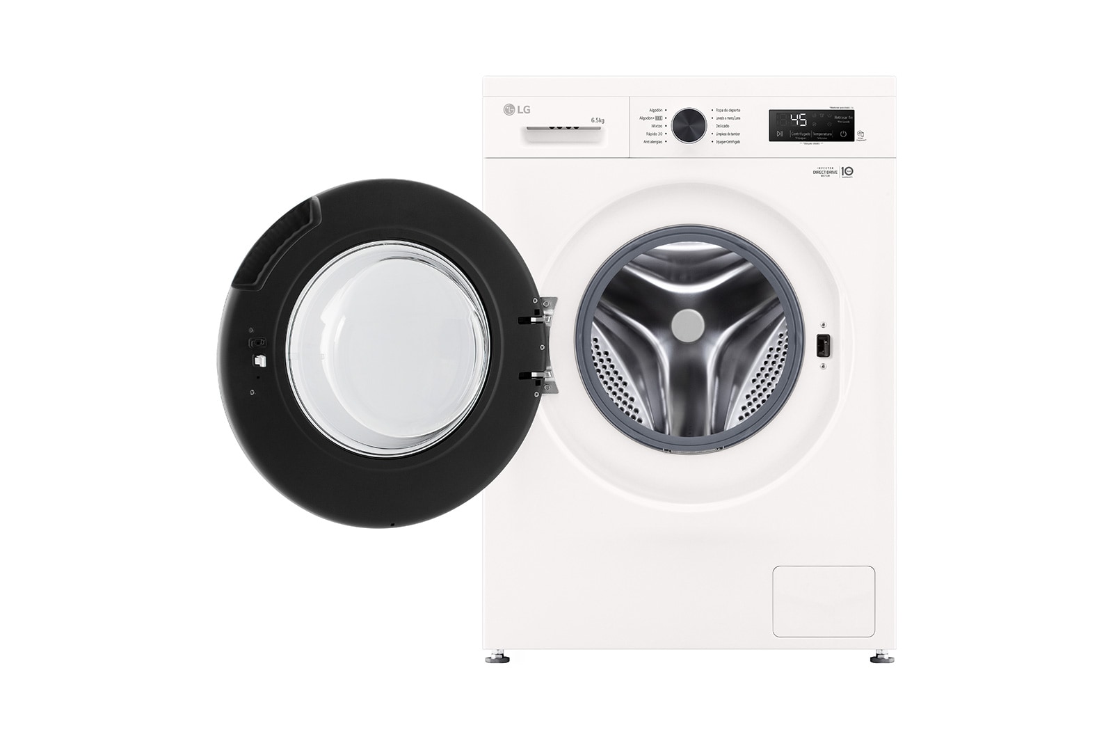 LG  Lavarropas carga frontal 6,5 KG │ Blanco │ Inverter Direct Drive │Steam , Front view with open door, WM65GWVFS6