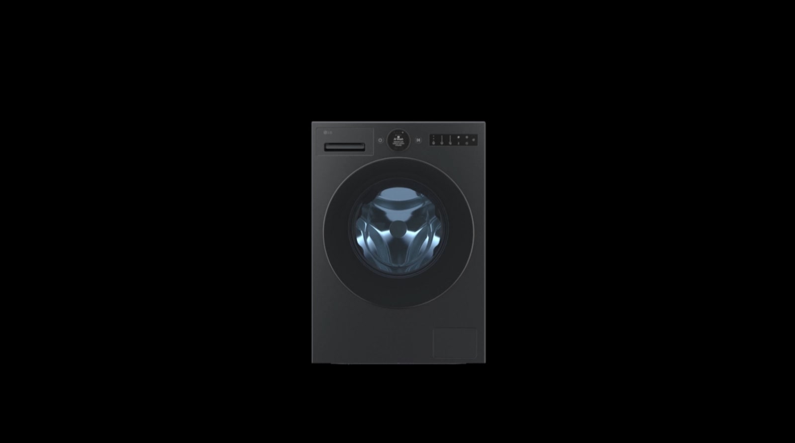 A detailed breakdown of an LG washing machine, with internal components fully disassembled to reveal the AI DD motor, is shown against a black background.