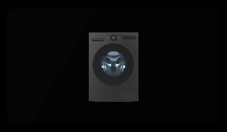 A detailed breakdown of an LG washing machine, with internal components fully disassembled to reveal the AI DD motor, is shown against a black background.