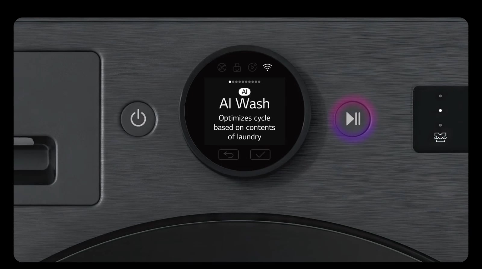 A close-up of the LG washing machine control panel highlights the operation buttons with a glowing effect. The shot then zooms out to reveal the full exterior of the LG washing machine in a minimalistic space. It transitions to a video showing the internal view of the washing machine, where an AI chipset detects fabric types. The scene then illustrates the 6 Motion functions through dynamic graphics.
