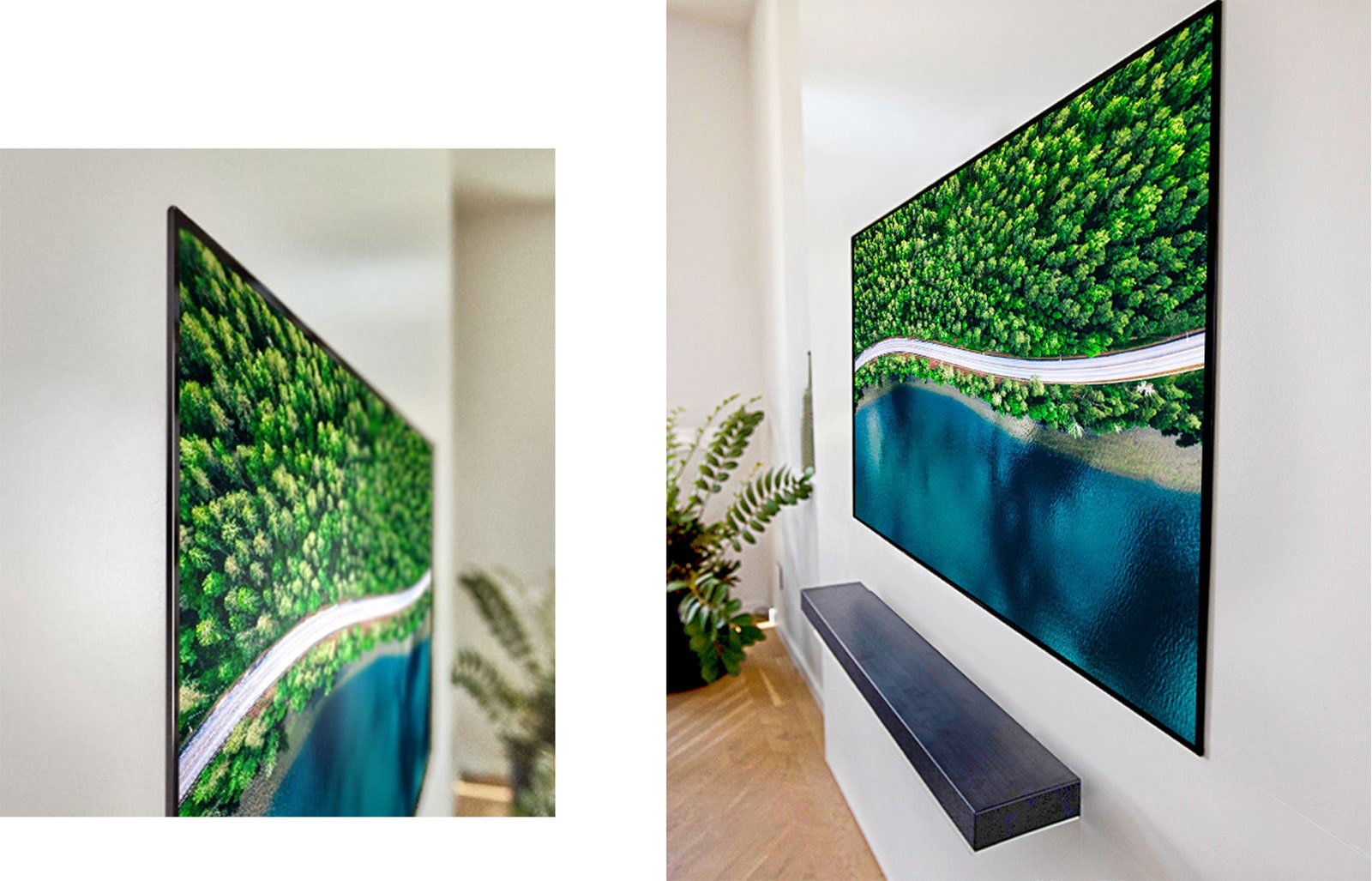 Vista lateral izquierda de un televisor flexible montado en la pared