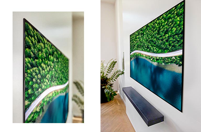 Vista lateral izquierda de un televisor flexible montado en la pared