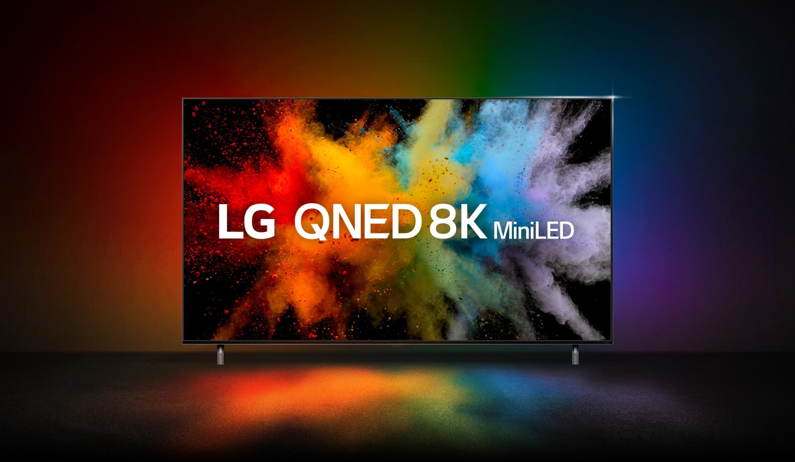 El movimiento tipográfico de QNED y NanoCell se superponen y explotan en polvo de color. Aparece el logotipo del QNED 8K Mini LED.