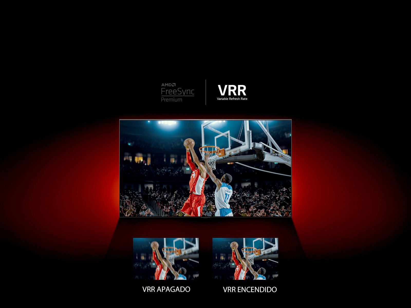 Hay un televisor QNED enfrentado a una pared roja: la imagen en pantalla muestra un juego de baloncesto con dos jugadores. Debajo, hay dos cuadros de imagen. El de la izquierda dice VRR APAGADO y muestra la imagen de arriba borrosa, y el de la derecha dice VRR ENCENDIDO y muestra esa misma imagen.