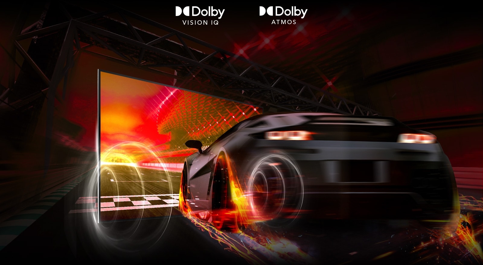 Un auto de carrera se dirige ávidamente hacia el televisor QNED y se puede visualizar el efecto de sonido. Se muestran los logotipos de Dolby Vision IQ y Dolby Atmos.