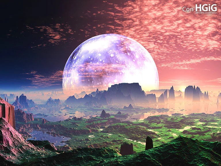 Una escena de un planeta idílico parecido a la Tierra se divide en dos partes: la de la izquierda es más apagada y menos brillante, y el texto dice Sin HGiG en la esquina superior izquierda. La de la derecha es una escena más brillante y el texto dice Con HGiG en la esquina superior derecha.