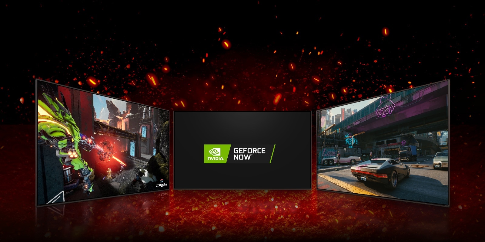 Hay tres televisores: uno en el medio mirando al frente con los logotipos de NVIDIA GEFORCE NOW en pantalla. El televisor de la izquierda muestra una partida de Splitgate en pantalla y el de la derecha muestra una partida de Cyberpunk 2077.