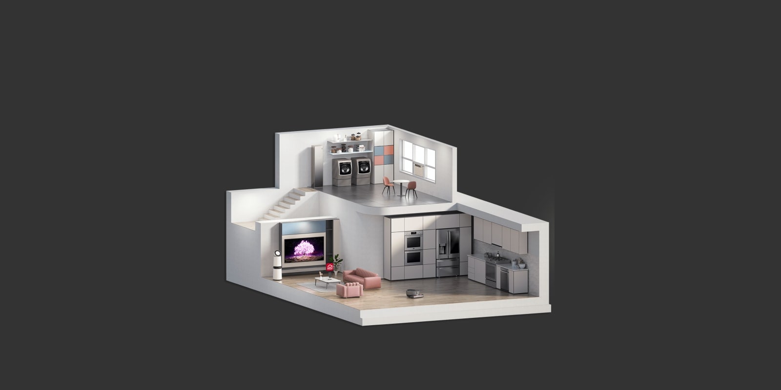 La imagen muestra una sección transversal de una casa modelo y sus diferentes habitaciones.