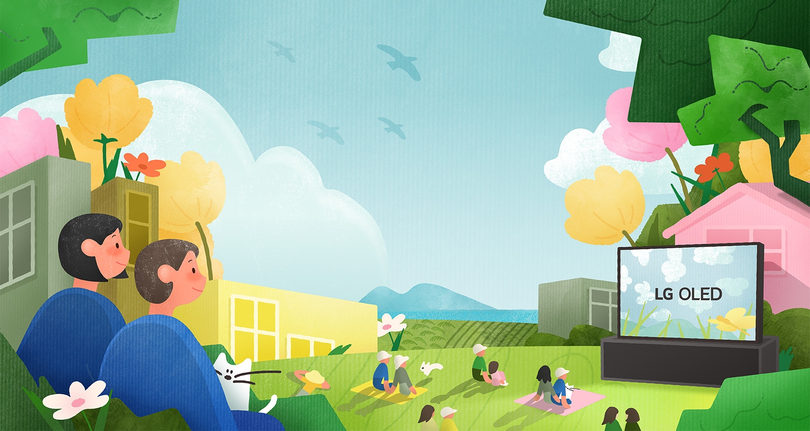 Una ilustración de personas viendo LG OLED en un espacio verde natural y floreciente con flores, pájaros y vista al mar.