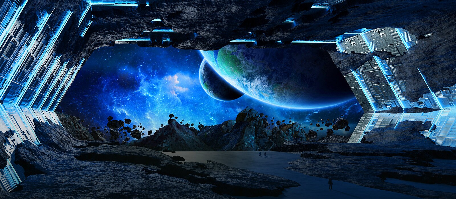 Una escena del espacio rocoso con un planeta grande apareciendo desde la esquina derecha superior de la pantalla.