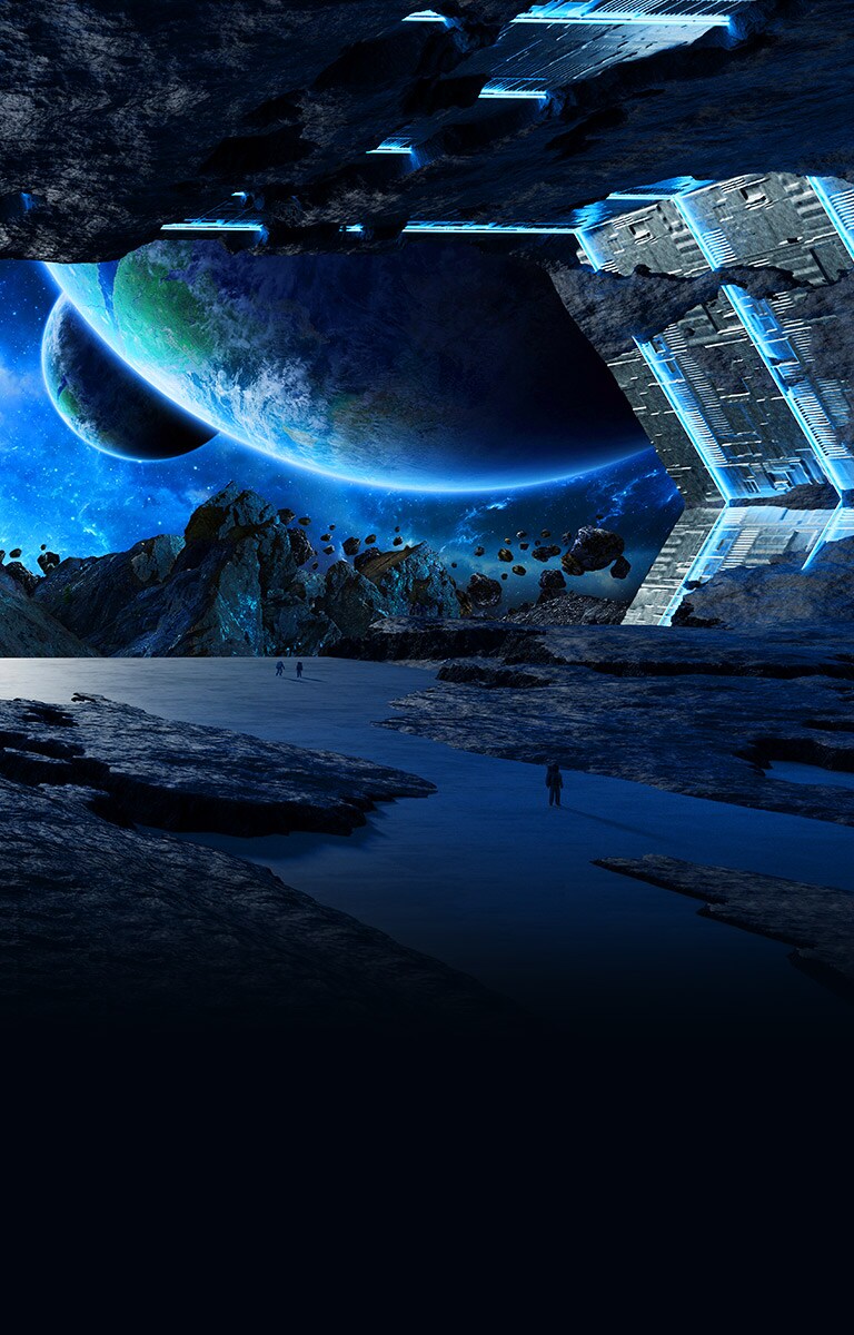 Una escena del espacio rocoso con un planeta grande apareciendo desde la esquina derecha superior de la pantalla.
