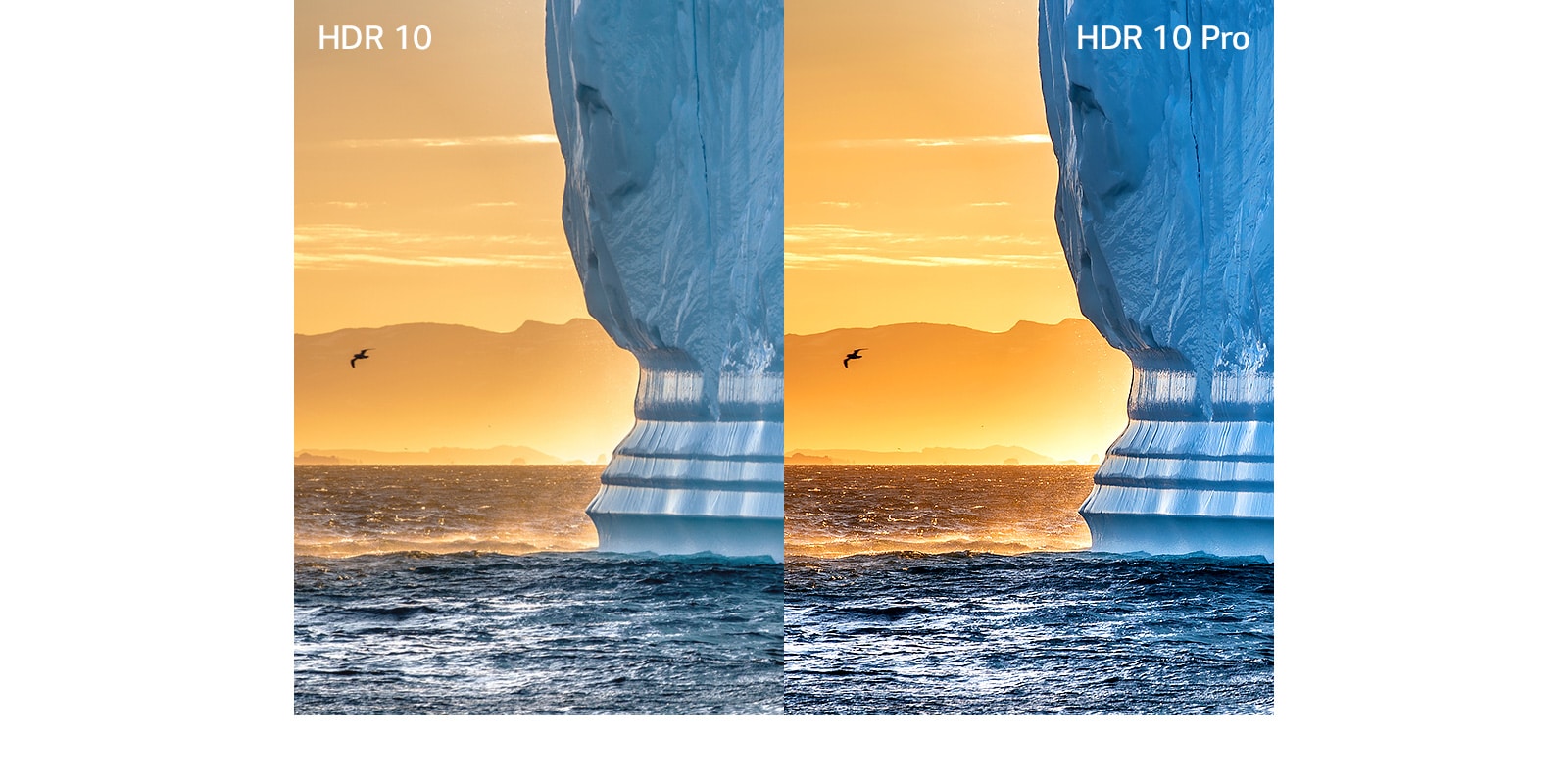 Una imagen de un gran acantilado emergiendo del agua delante de un atardecer anaranjado. A la izquierda se ve la imagen en HDR, y a la derecha en HDR 10 Pro con mayor detalle.
