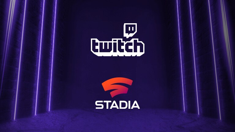 Íconos de Google Stadia y Twitch sobre un fondo morado.