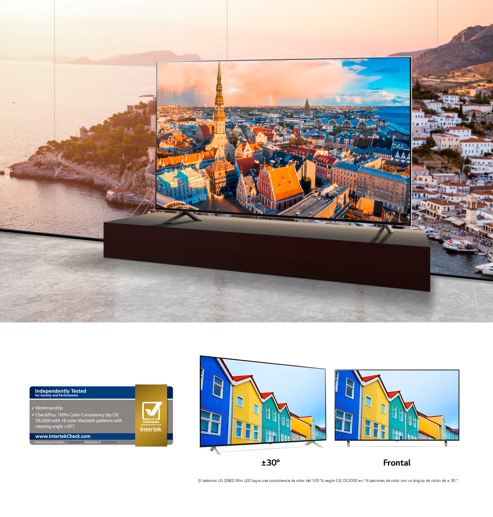 Dos televisores LG QNED Mini LED uno al lado del otro que muestran una imagen de edificios multicolores desde un ángulo de visión frontal y descentrado. La imagen mantiene una consistencia vívida y precisa desde ambos ángulos.