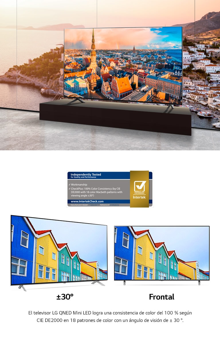 Dos televisores LG QNED Mini LED uno al lado del otro que muestran una imagen de edificios multicolores desde un ángulo de visión frontal y descentrado. La imagen mantiene una consistencia vívida y precisa desde ambos ángulos.