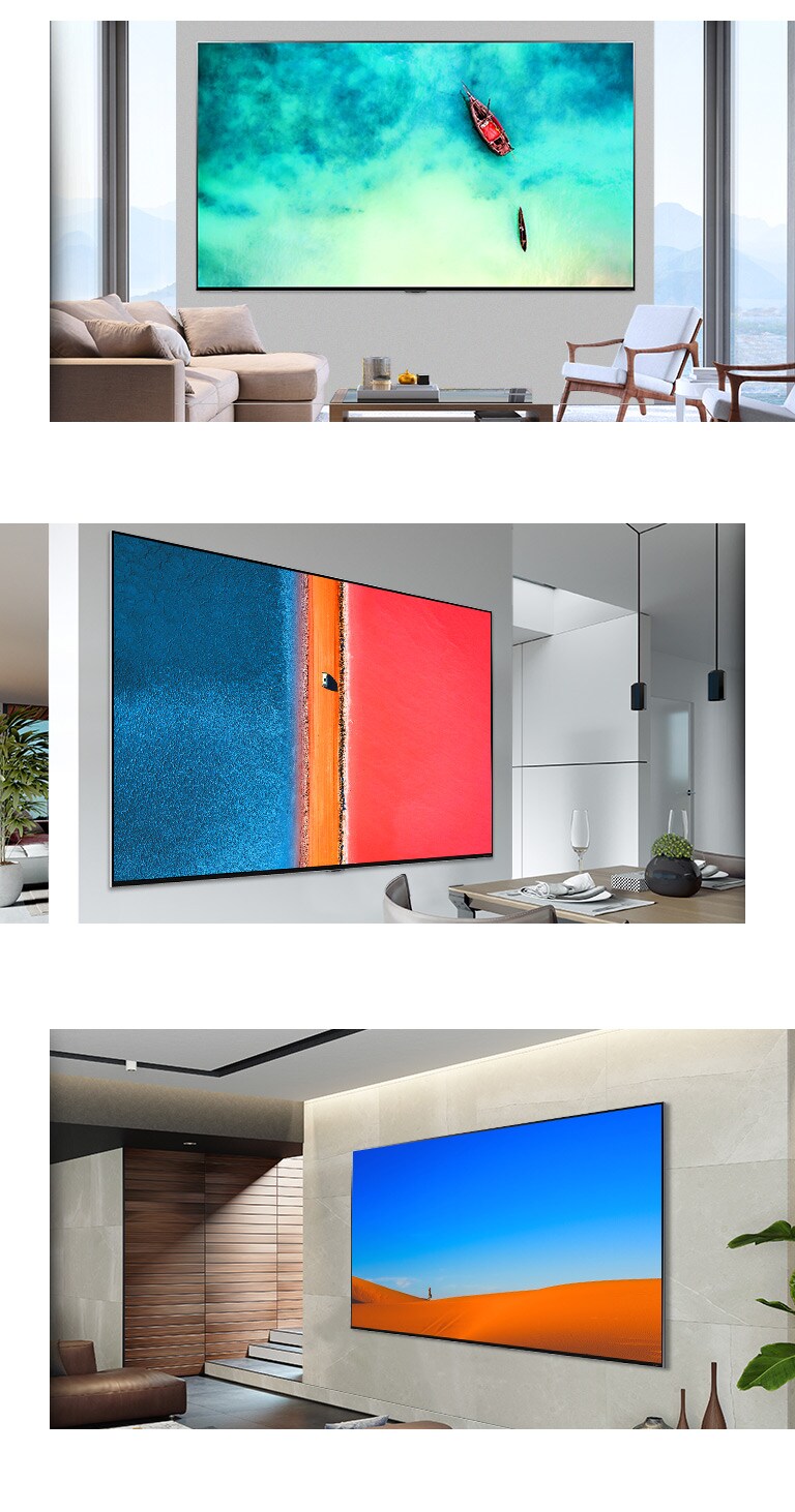 Tres imágenes de televisores LG QNED Mini LED de pantalla grande montados en la pared en distintos interiores modernos.