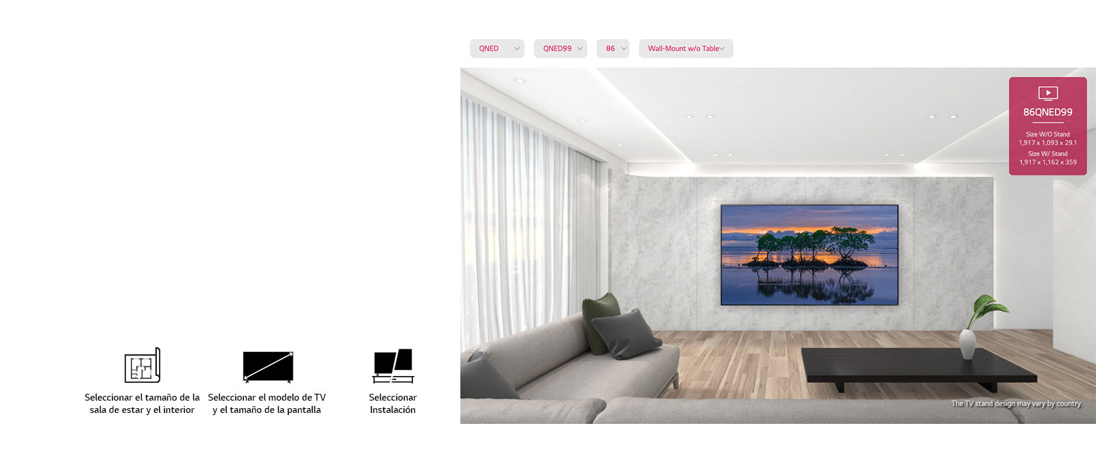 Un televisor de pantalla plana grande montado contra una pared gris rodeado de muebles grises y negros modernos. La pantalla muestra tres árboles reflejados en el agua en una escena de atardecer.