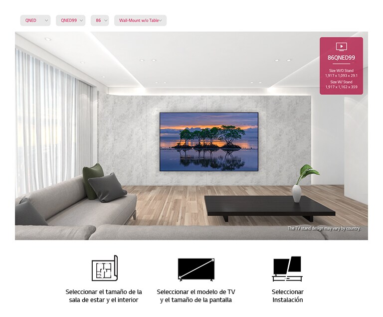 Un televisor de pantalla plana grande montado contra una pared gris rodeado de muebles grises y negros modernos. La pantalla muestra tres árboles reflejados en el agua en una escena de atardecer.